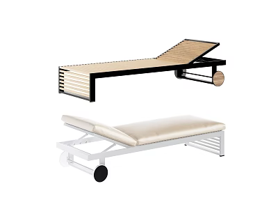 Modern Lounge Chairs Featuring Wooden Slats Black Frame Light Padded White Base and Wheels 3d model
