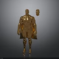Golden Muscular Man Statue with Cape and Separate Head on Dark Background