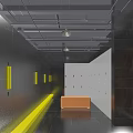 Contemporary Locker Room With Dark Walls Yellow Accents Orange Bench White Lockers And Ceiling Lights