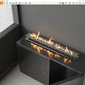 Modern Fireplace With Burning Flames On Black Cabinet Glass Top In Living Room