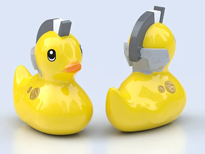 Yellow Rubber Duck Doll with Gray Helmet Headphones and Decorative Buttons Design 3d model