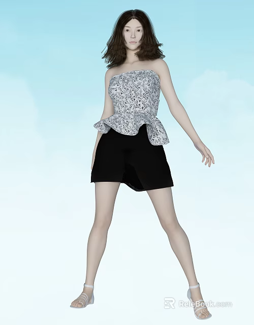 Woman Wearing Strapless Patterned Top And Black Shorts Against Blue Sky 3d model 