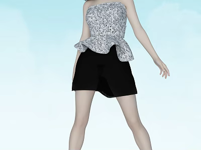 Woman Wearing Strapless Patterned Top And Black Shorts Against Blue Sky 3d model