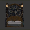 Elegant Double Bed With Dark Blue Gold Patterned Canopy Purple Frame And Pink Pillows
