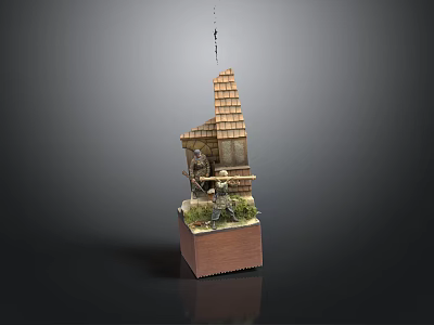 Miniature House Model With Tile Roof Windows And Wooden Base Decorative Greenery 3d model