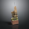 Miniature House Model With Tile Roof Windows And Wooden Base Decorative Greenery