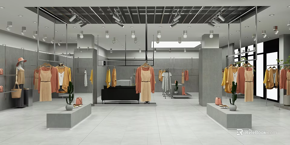 Modern Clothing Store Interior With Hanging Clothes Mirrors Lighting And Cactus 3d model 