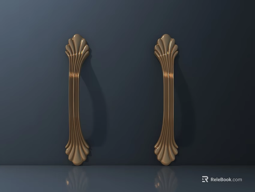 Pair of Golden Decorative Door Handles With Ornate Design And Shiny Surface 3d model 
