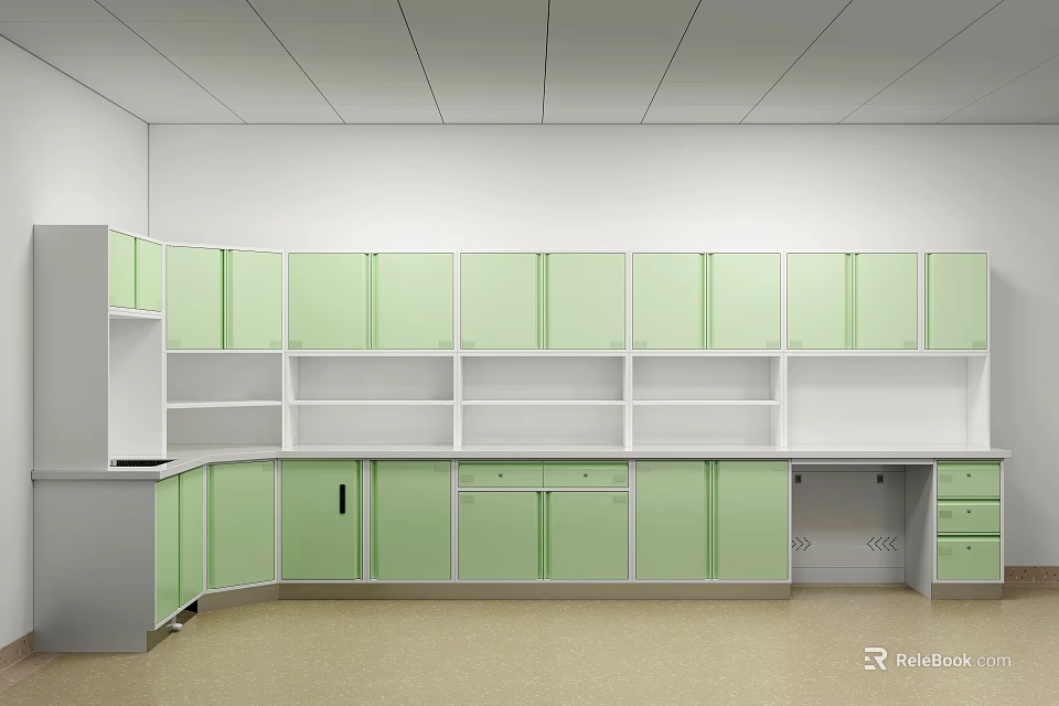 Modern Examination Room Interior Design With Green Cabinets Shelves And Workbench 3d model 