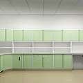 Modern Examination Room Interior Design With Green Cabinets Shelves And Workbench