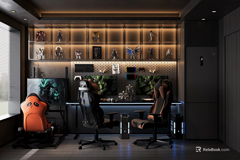 Modern Gaming Room Setup With Two Ergonomic Chairs Action Figures Display And Large Monitor 3d model 