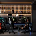 Modern Gaming Room Setup With Two Ergonomic Chairs Action Figures Display And Large Monitor