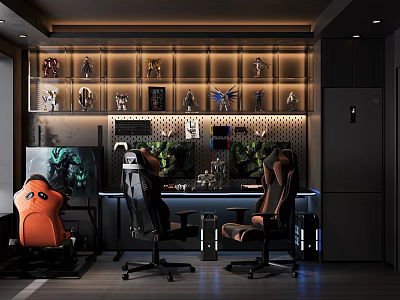 Modern Gaming Room Setup With Two Ergonomic Chairs Action Figures Display And Large Monitor 3d model