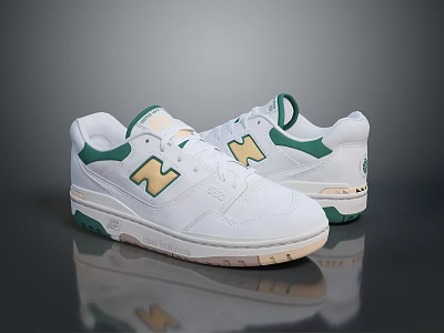 White Casual Sports Shoes With Green Yellow Accents And Brand Logo Reflection Design 3d model