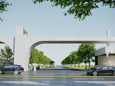 Modern Arch Entrance Gate With Trees And Parked Cars On Road 3d model