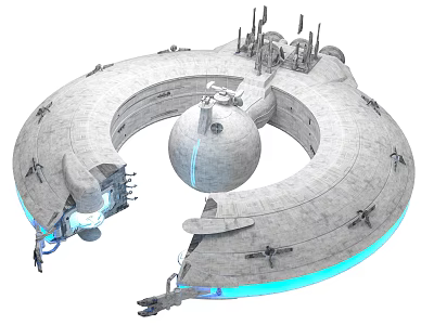 Futuristic Sci Fi Weapon Featuring Circular Structure Central Sphere Mechanical Components and Blue Glowing Elements 3d model