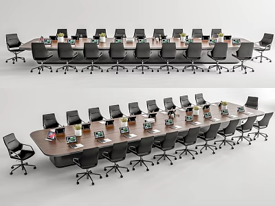 Office Conference Table Setup With Modern Chairs Notebooks And Flower Arrangements 3d model