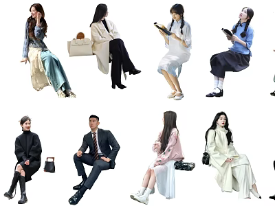 Group Of People In Different Outfits Sitting And Using Mobile Devices 3d model