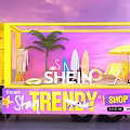 SHEIN Trendy Yellow Mobile Fashion Truck With Palm Tree Surfboard Umbrella And Beach Decor