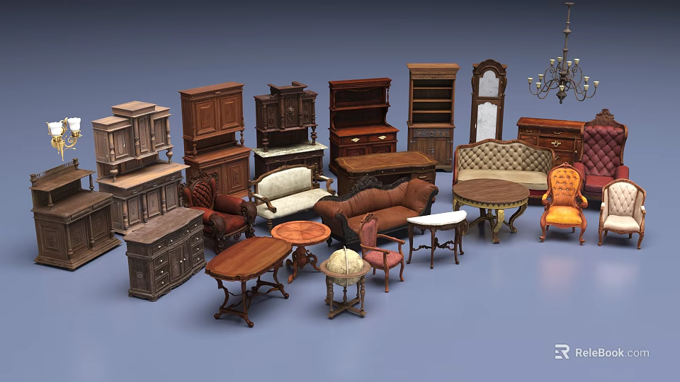 Vintage Sofa And Coffee Table Set Interior With Wooden Cabinets And Armchairs 3d model 