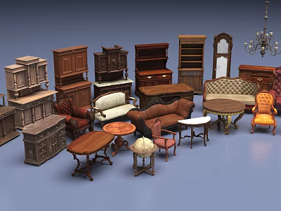 Vintage Sofa And Coffee Table Set Interior With Wooden Cabinets And Armchairs 3d model