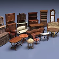 Vintage Sofa And Coffee Table Set Interior With Wooden Cabinets And Armchairs
