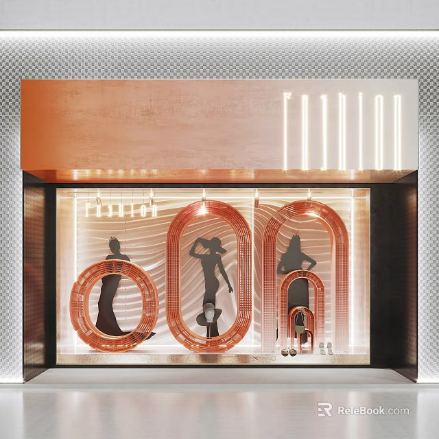 Elegant Window Display With Curved Metallic Frames Female Silhouettes And Warm Lighting 3d model 