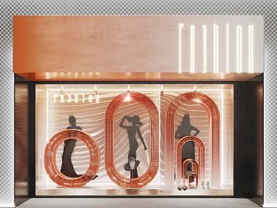 Elegant Window Display With Curved Metallic Frames Female Silhouettes And Warm Lighting 3d model