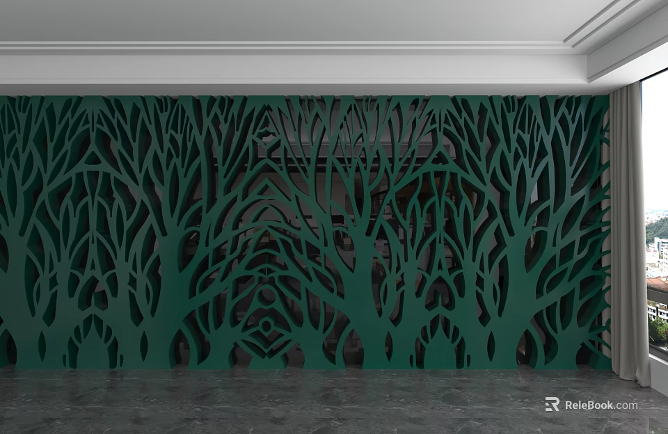 Green Laser Cut Tree Pattern Background Wall For Modern Interior Decor 3d model 