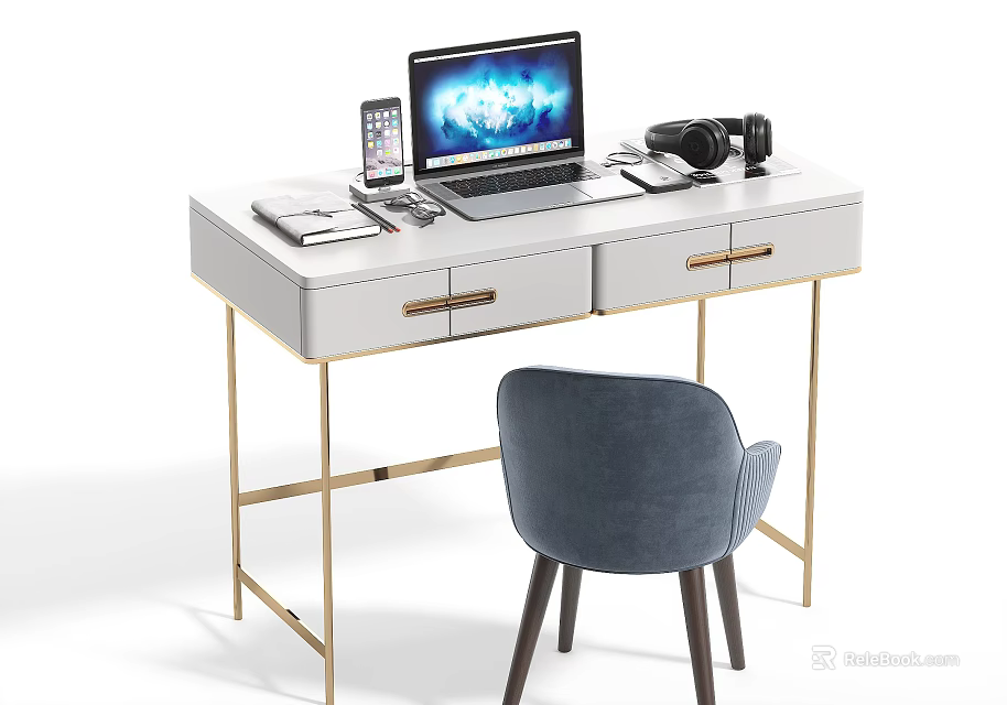 Modern Desk With Gold Legs Drawers Laptop Phone Headphones Notebook 3d model 
