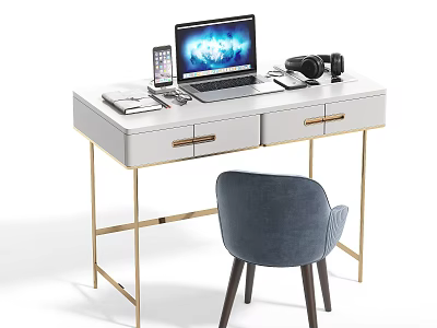 Modern Desk With Gold Legs Drawers Laptop Phone Headphones Notebook 3d model