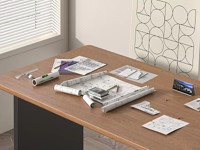 Creative Design Workspace With Wooden Table Architectural Plans Tape Measure Calculator And Tablet 3d model