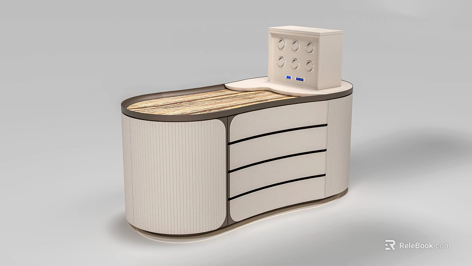 Modern Light Colored Kitchen Island With Striped Design And Wooden Top Drawers 3d model 