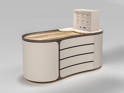 Modern Light Colored Kitchen Island With Striped Design And Wooden Top Drawers 3d model