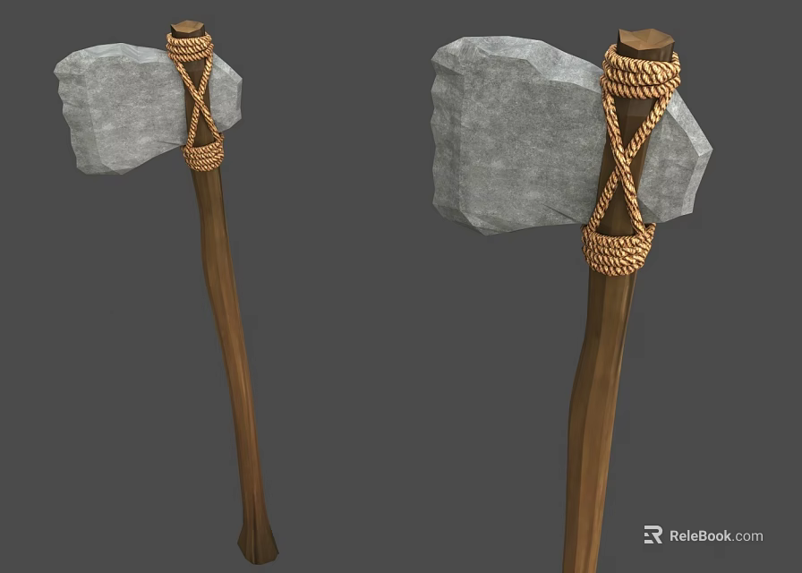 Handcrafted Stone Axe Hardware Tools With Wooden Handle And Rope Wrapping Detail 3d model 