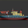 Colorful Tugboat With Yellow Upper Deck Red Crane Blue Hull And Black Lifebuoys