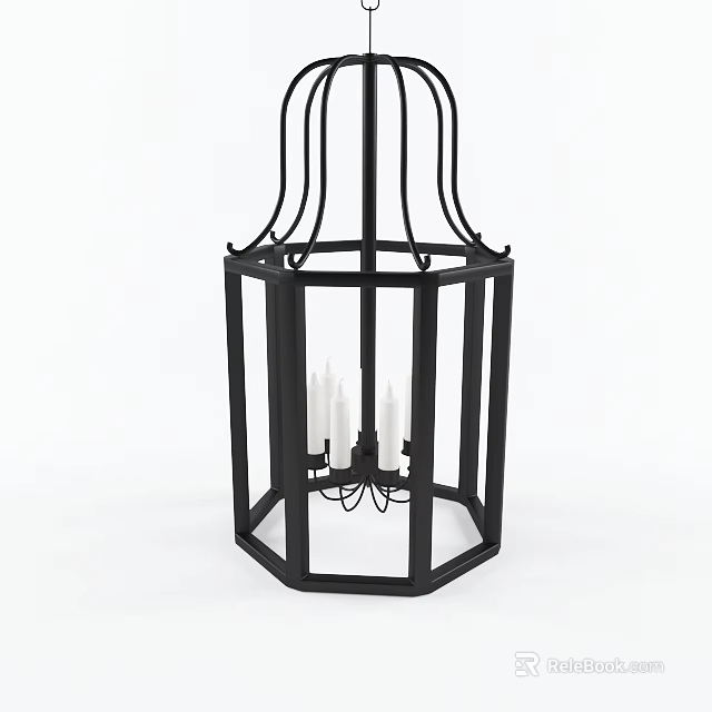 Modern Black Metal Chandelier With Hexagonal Frame And Candle Style Bulbs For Interior 3d model 