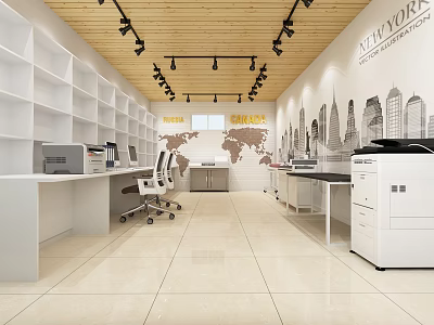 Contemporary Office Interior With White Shelves Work Desks Chairs World Map And New York Skyline 3d model