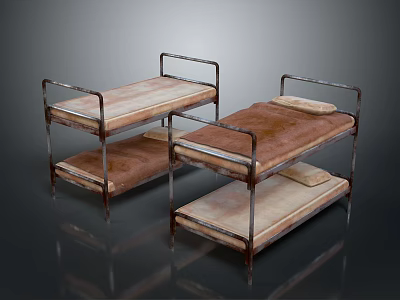 Set of Two Sturdy Bunk Beds With Metal Frames Brown Mattresses And Pillows 3d model