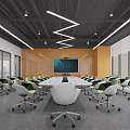 Modern Conference Room Interior With Long Table Green White Chairs Geometric Lights And Large Screen