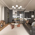 Elegant Modern Living and Dining Room Interior With Chandeliers Sofa Coffee Table And Large Windows