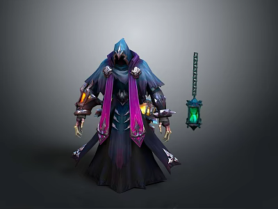 Mystical Dark Hooded Character With Purple Robe And Glowing Magic Lantern Design 3d model