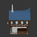 Cartoon Scenic Fairy Tale House With Blue Pointed Roof Wooden Frame Chimney Small Porch Windows