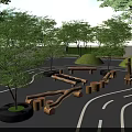Outdoor Wooden Playground Equipment With Logs Trees And Giraffe Sculpture In Park