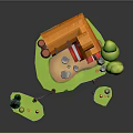 Cartoon Style Small Building with Orange Roof Red White Awning Green Trees and Floating Platforms