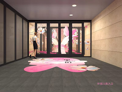 Entrance Area With Glass Doors Pink Heart Pattern Floor And Flower Petals Decorations 3d model