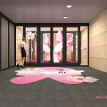 Entrance Area With Glass Doors Pink Heart Pattern Floor And Flower Petals Decorations
