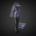Blue And White Plaid Off The Shoulder Long Sleeve V Neck Short Fitted Waist Dress