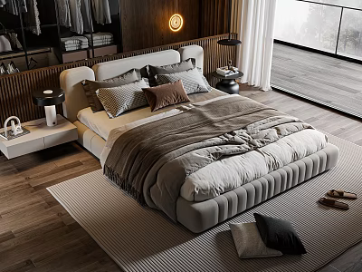 Modern Double Bed in Cozy Bedroom with Wooden Background Nightstand Lamp and Soft Pillows 3d model