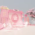 Pink Themed Decorative Scene With Cherry Blossom Tree Traditional Architecture And Lanterns